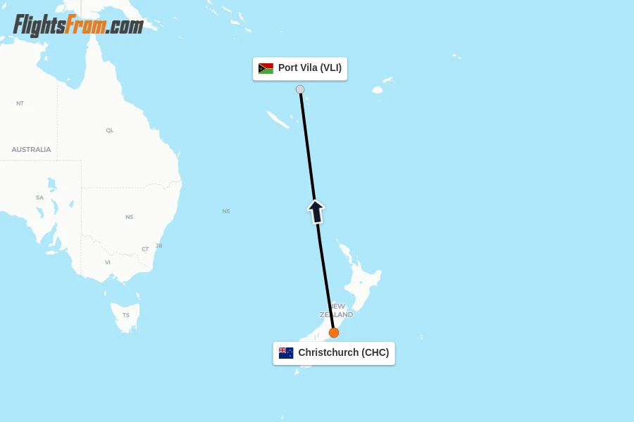 Flights from Christchurch to Port Vila route map