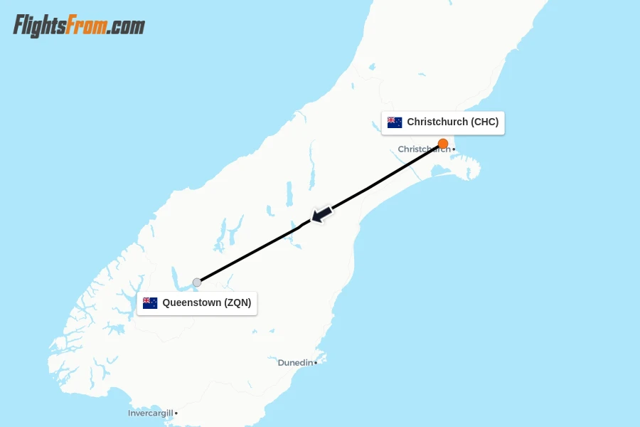 Flights from Christchurch to Queenstown route map