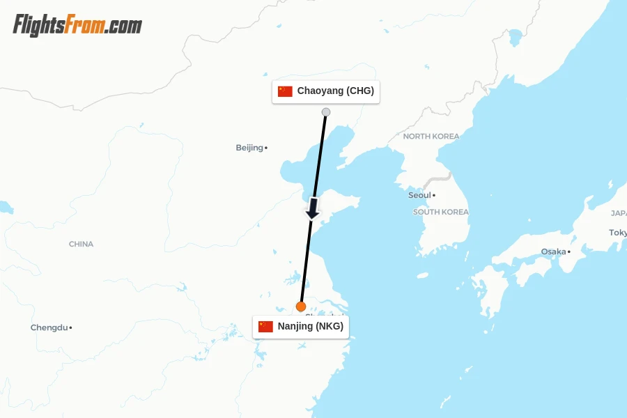Flights from Chaoyang to Nanjing route map
