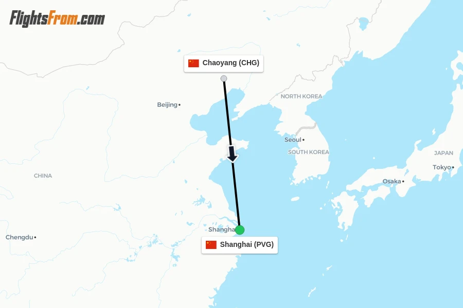 Flights from Chaoyang to Shanghai route map