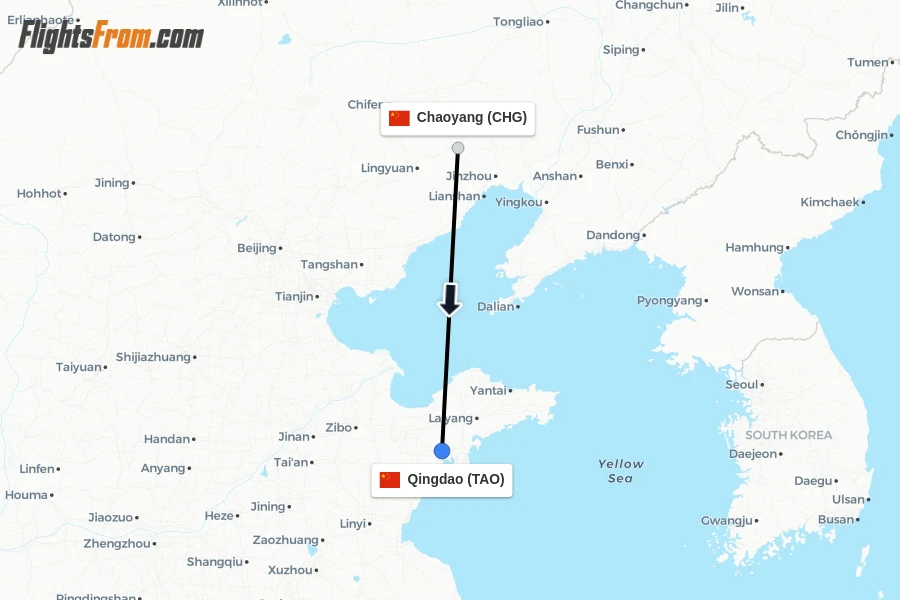 Flights from Chaoyang to Qingdao route map