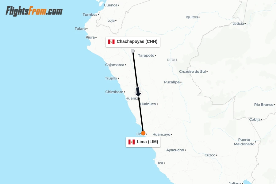 Flights from Chachapoyas to Lima route map