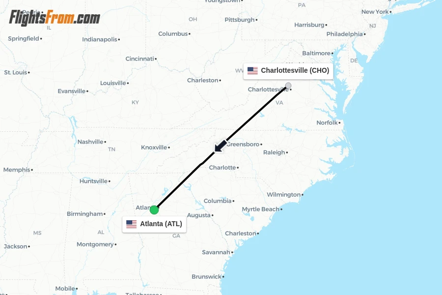 Flights from Charlottesville to Atlanta route map