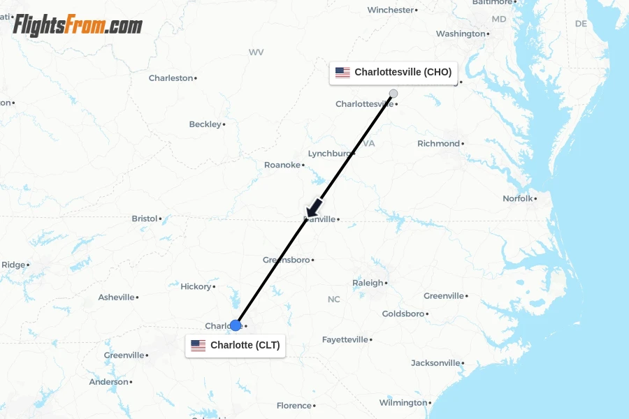 Flights from Charlottesville to Charlotte route map
