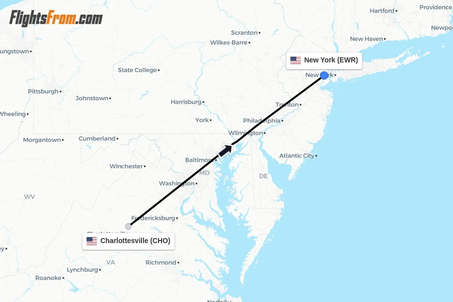 Flights from Charlottesville to New York route map