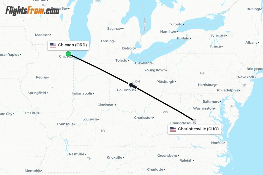 Flights from Charlottesville to Chicago route map