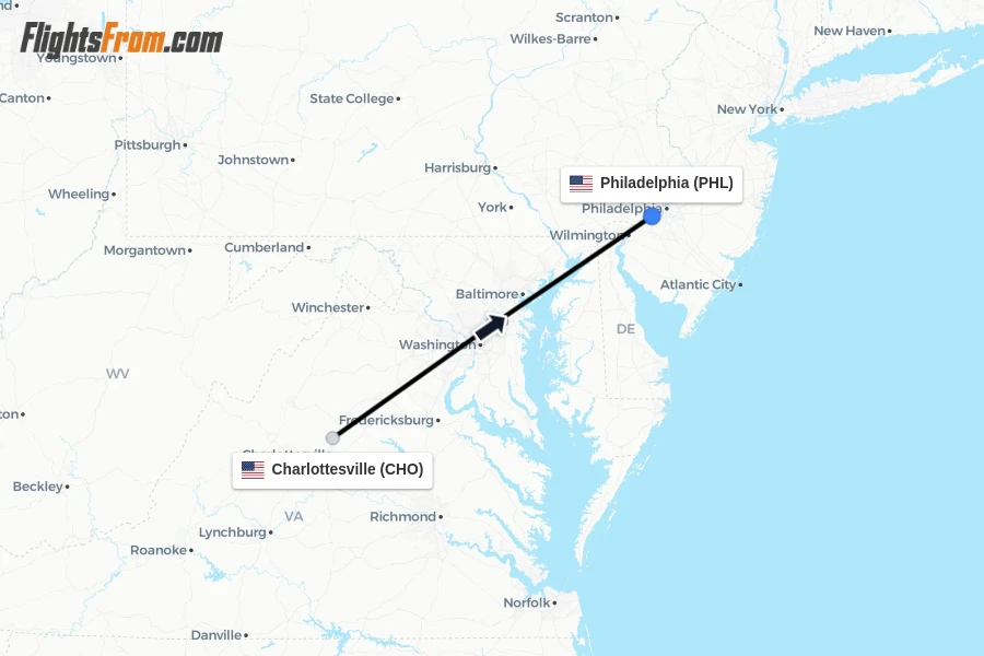 Flights from Charlottesville to Philadelphia route map