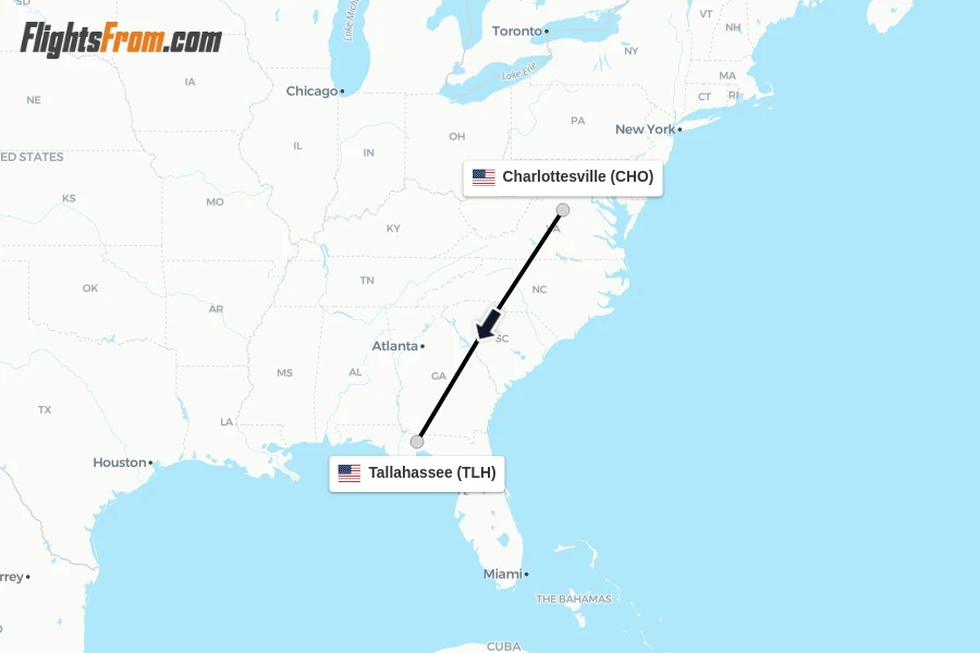 Flights from Charlottesville to Tallahassee route map