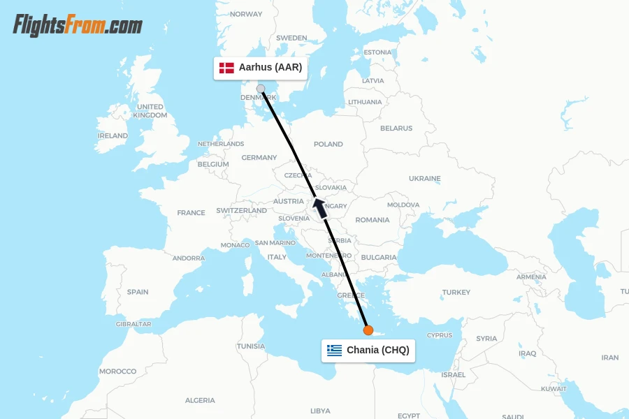 Flights from Chania to Aarhus route map