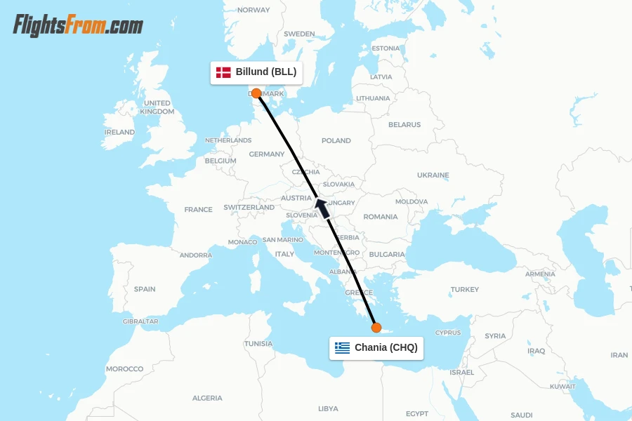 Flights from Chania to Billund route map