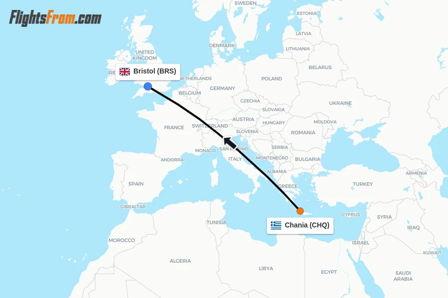 Flights from Chania to Bristol route map