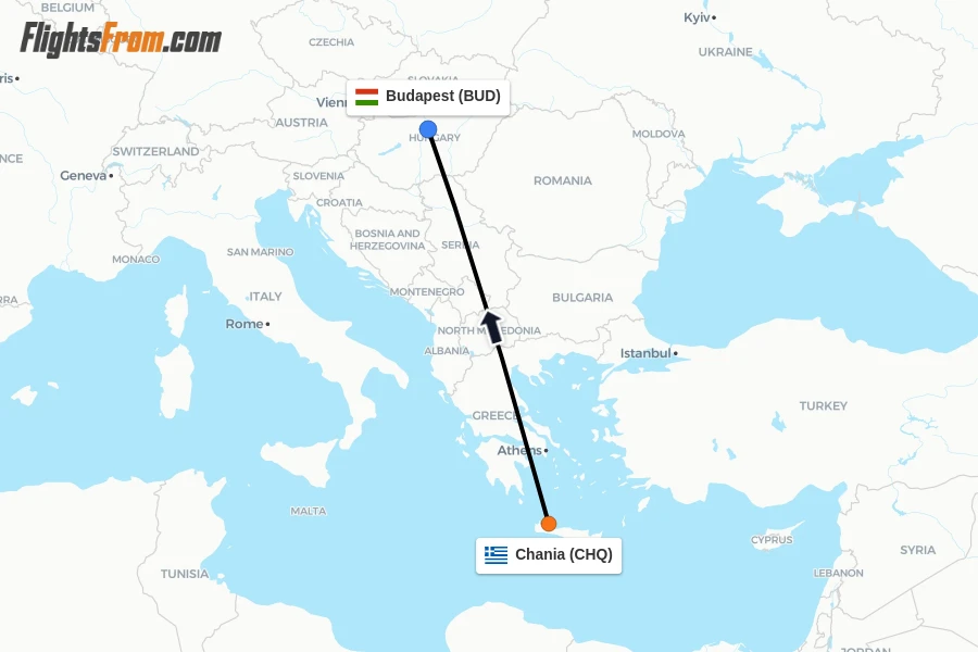 Flights from Chania to Budapest route map