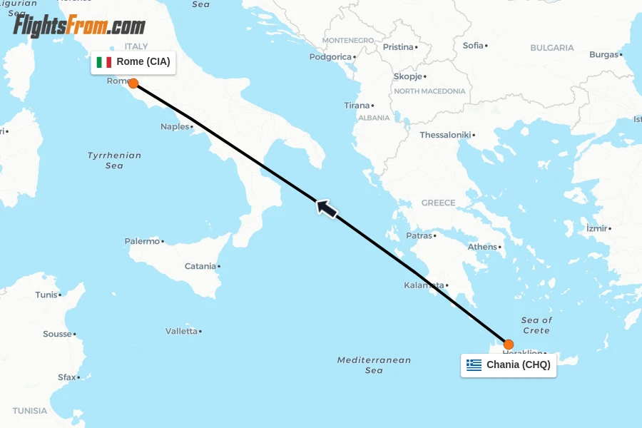 Flights from Chania to Rome route map