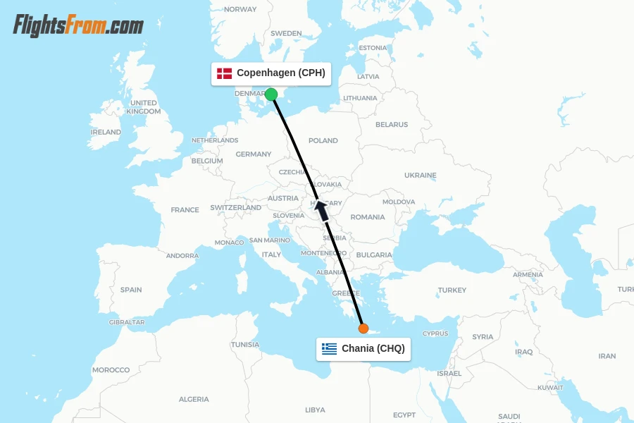 Flights from Chania to Copenhagen route map