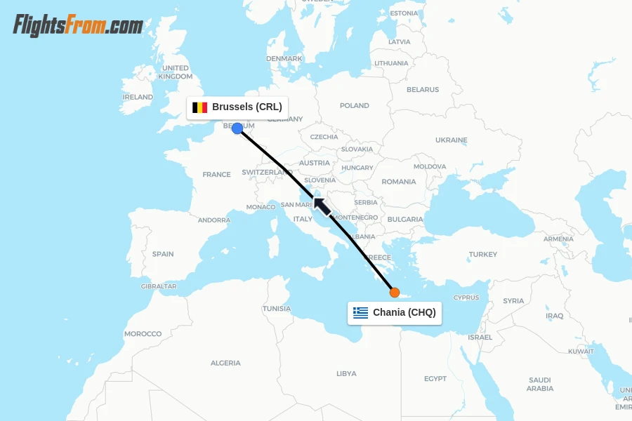 Flights from Chania to Brussels route map