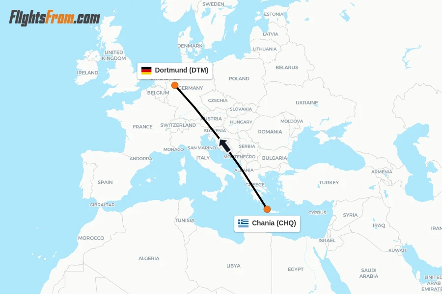Flights from Chania to Dortmund route map