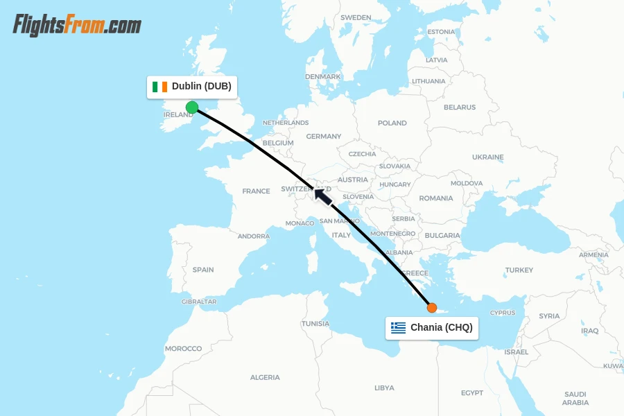 Flights from Chania to Dublin route map