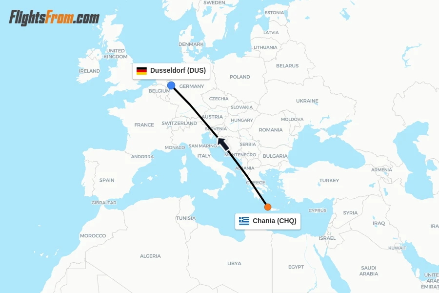 Flights from Chania to Dusseldorf route map