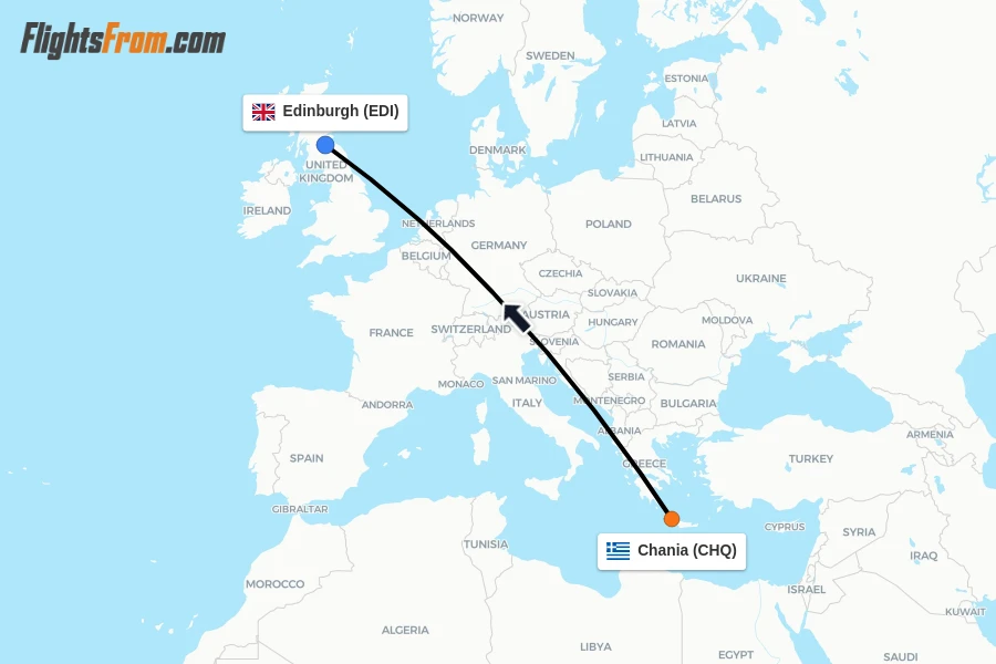 Flights from Chania to Edinburgh route map