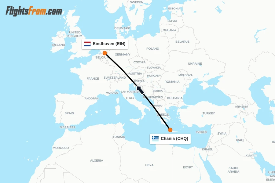 Flights from Chania to Eindhoven route map