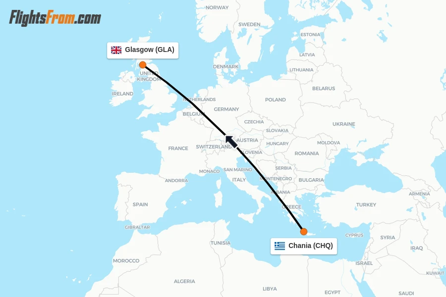 Flights from Chania to Glasgow route map