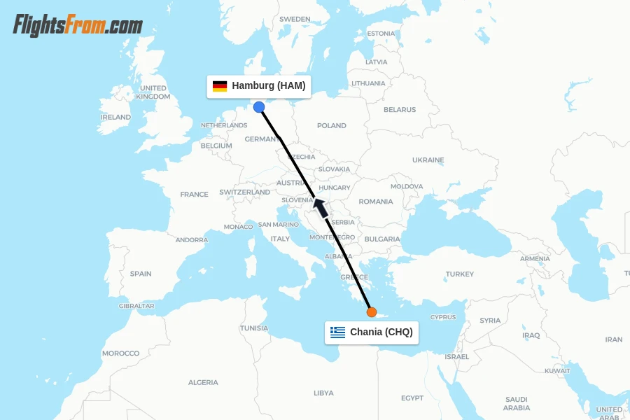 Flights from Chania to Hamburg route map