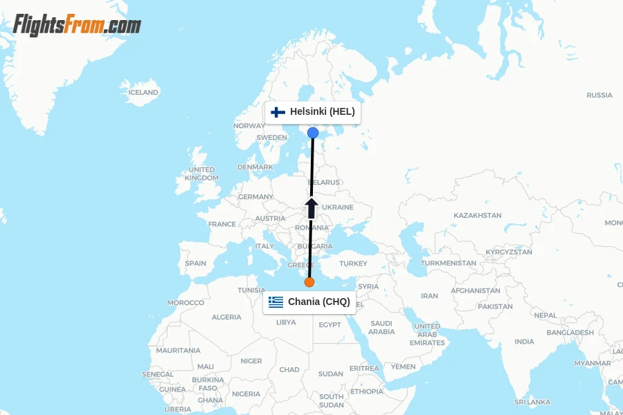 Flights from Chania to Helsinki route map