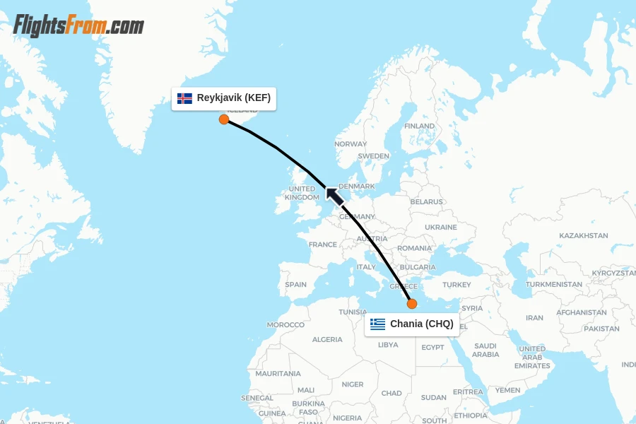Flights from Chania to Reykjavik route map