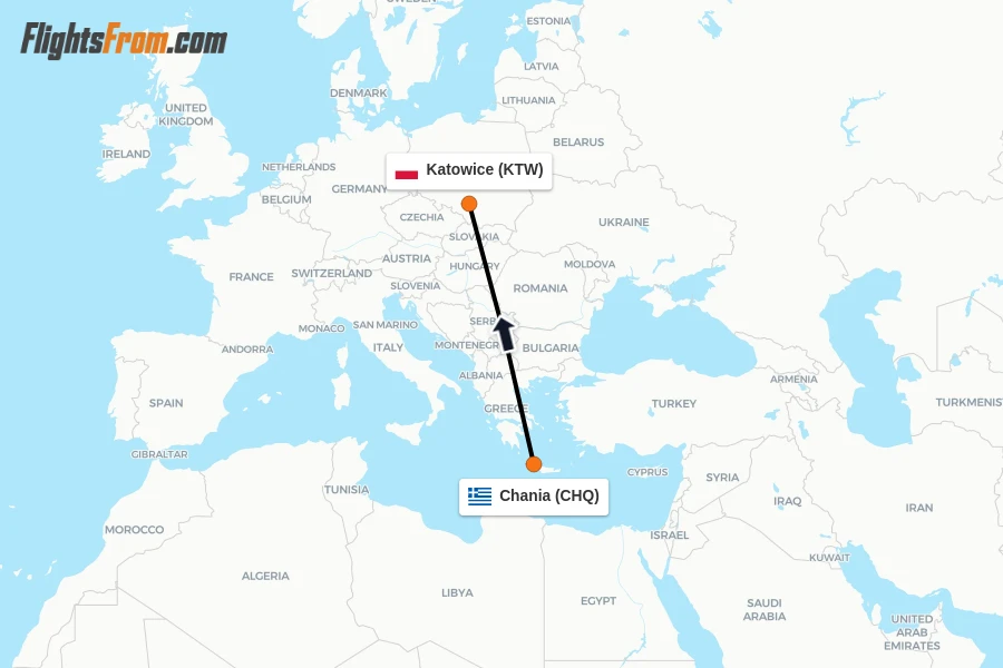 Flights from Chania to Katowice route map