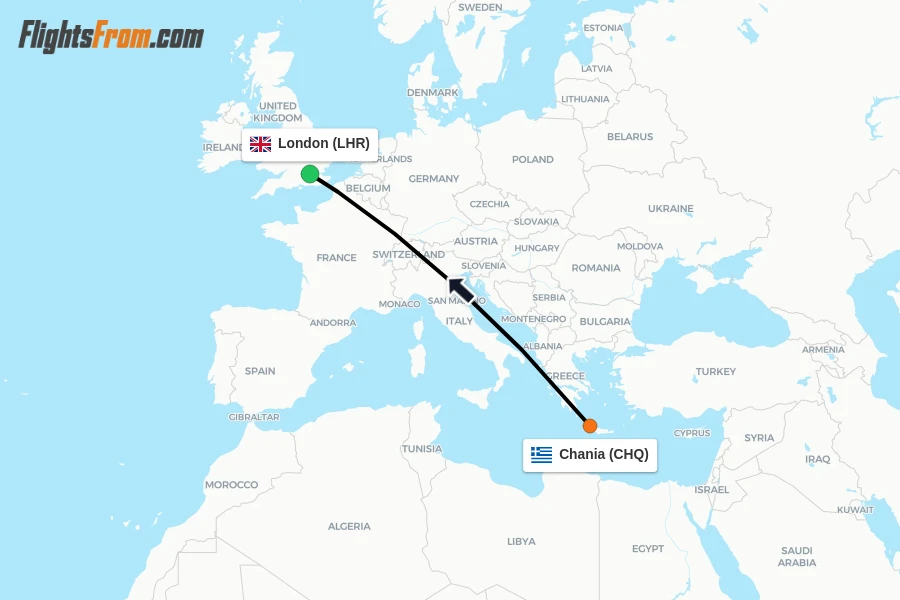 Flights from Chania to London route map