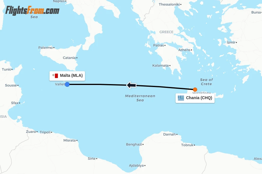 Flights from Chania to Malta route map