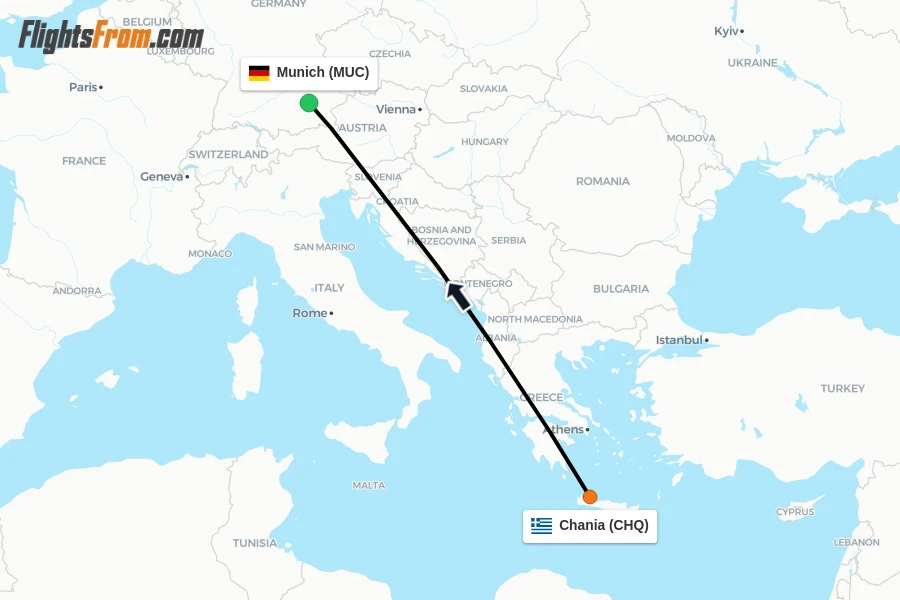 Flights from Chania to Munich route map