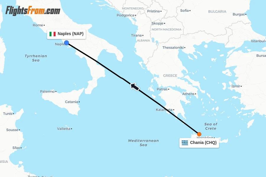 Flights from Chania to Naples route map