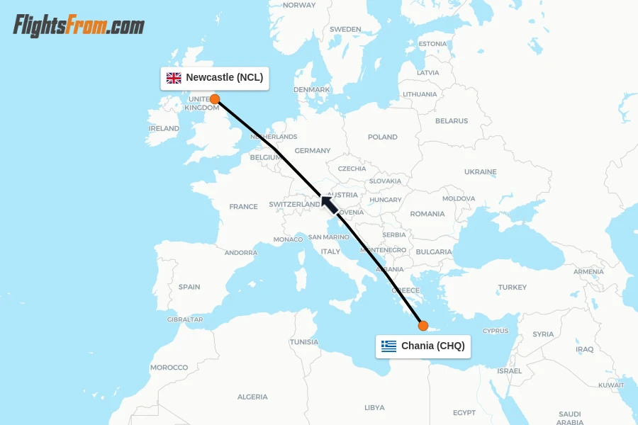 Flights from Chania to Newcastle route map