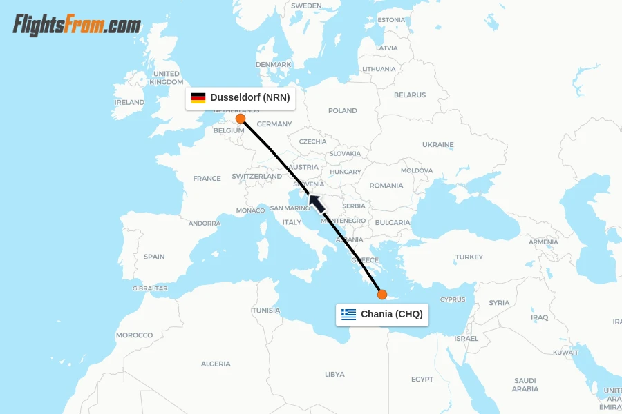 Flights from Chania to Dusseldorf route map