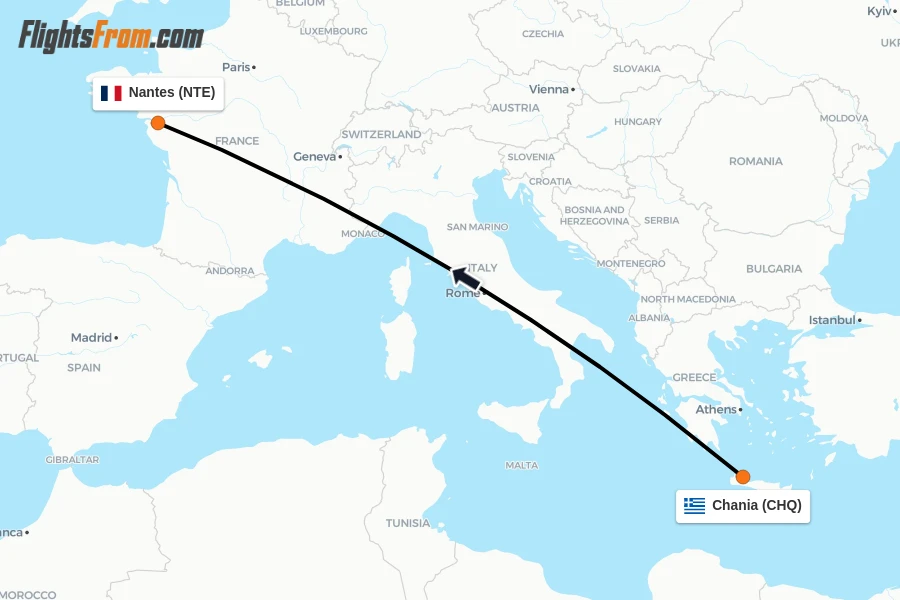 Flights from Chania to Nantes route map