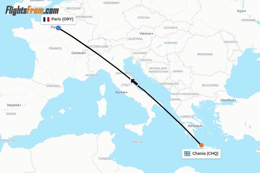 Flights from Chania to Paris route map