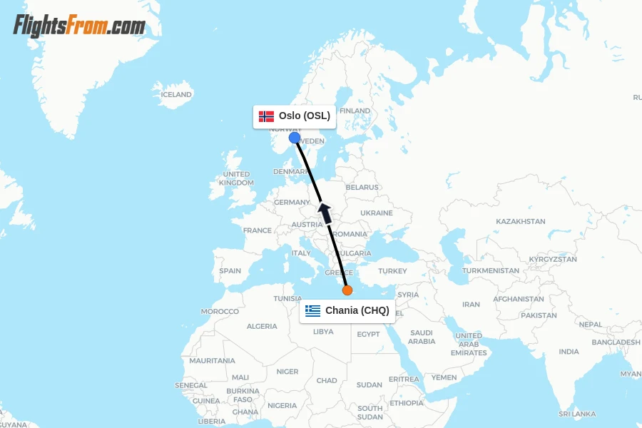 Flights from Chania to Oslo route map