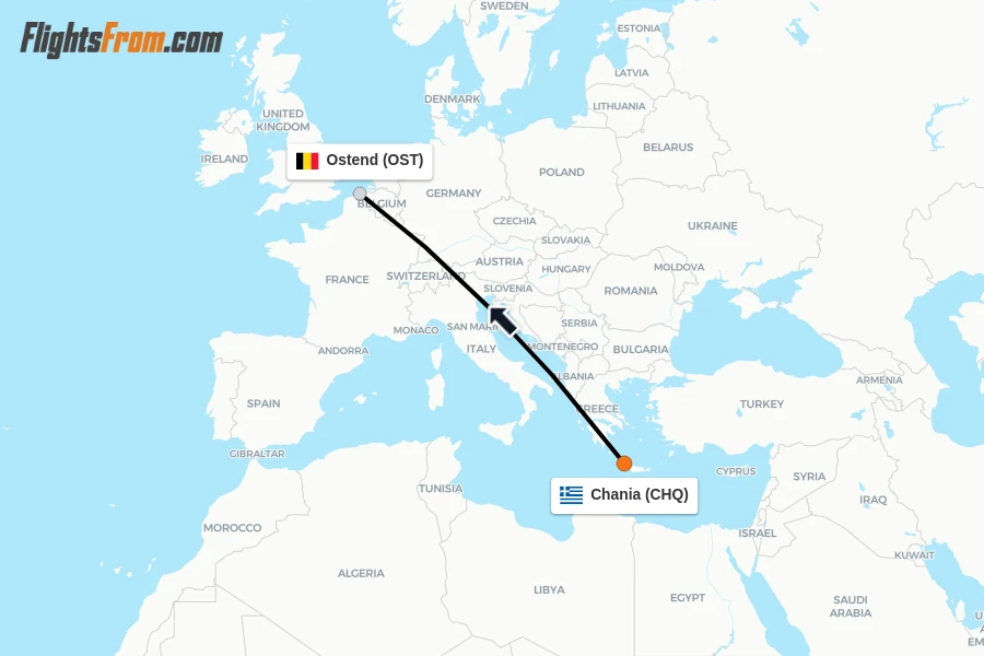 Flights from Chania to Ostend route map