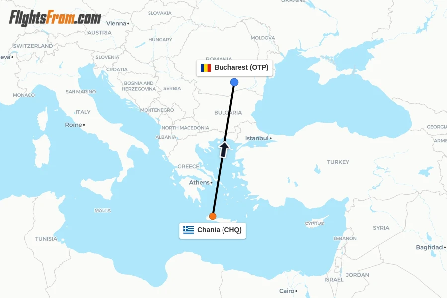 Flights from Chania to Bucharest route map