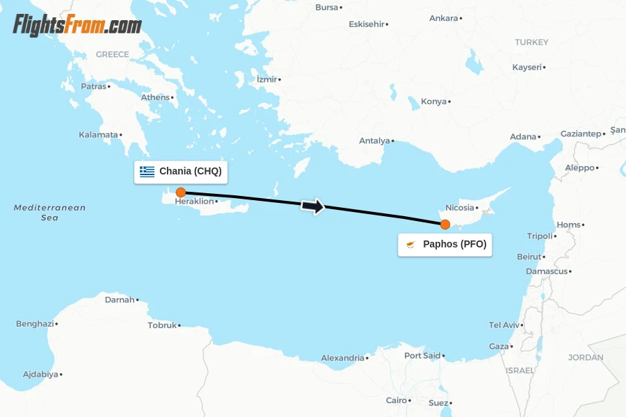 Flights from Chania to Paphos route map