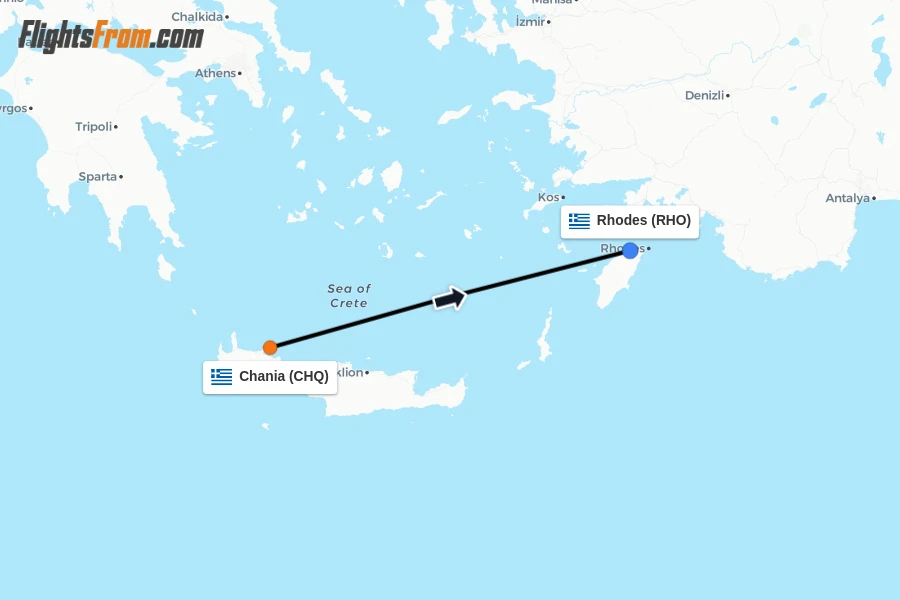 Flights from Chania to Rhodes route map