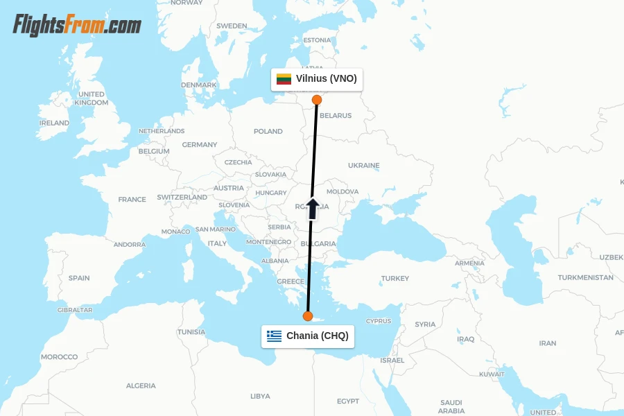 Flights from Chania to Vilnius route map