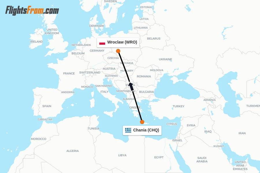 Flights from Chania to Wroclaw route map