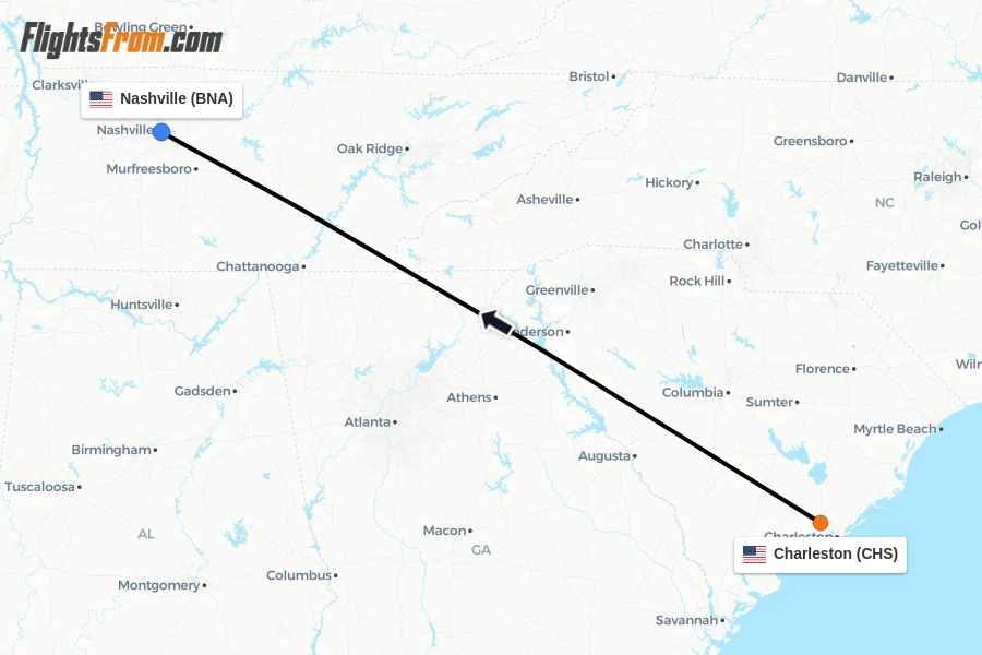 Flights from Charleston to Nashville route map
