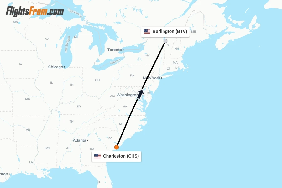 Flights from Charleston to Burlington route map