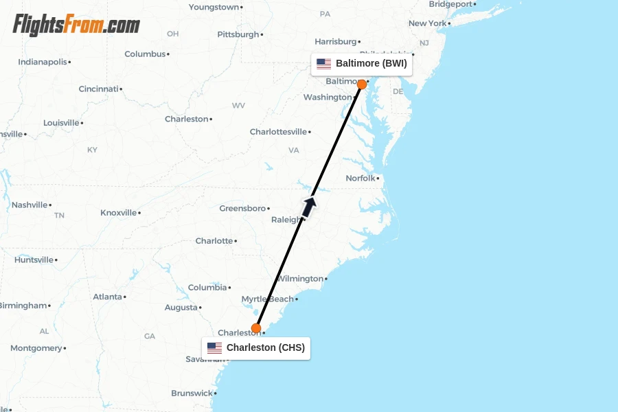 Flights from Charleston to Baltimore route map