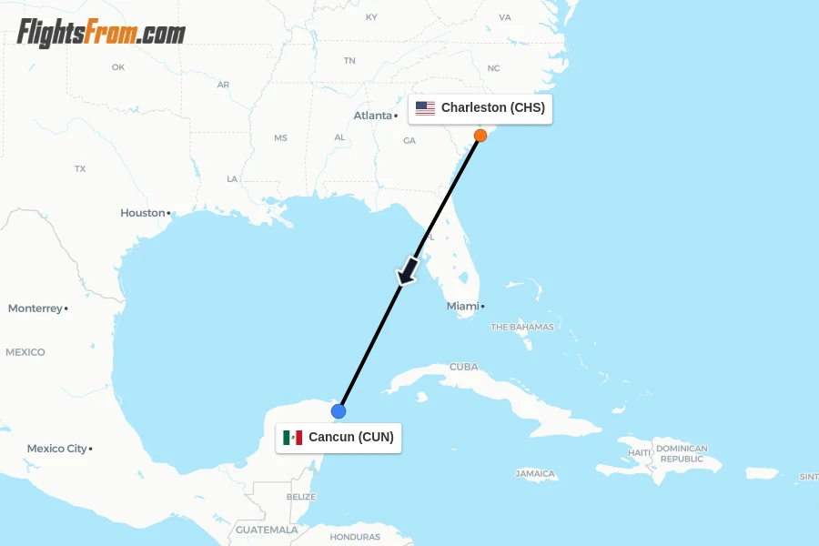 Flights from Charleston to Cancun route map
