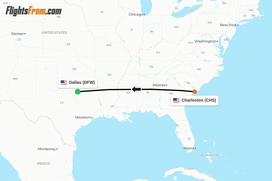 Flights from Charleston to Dallas route map