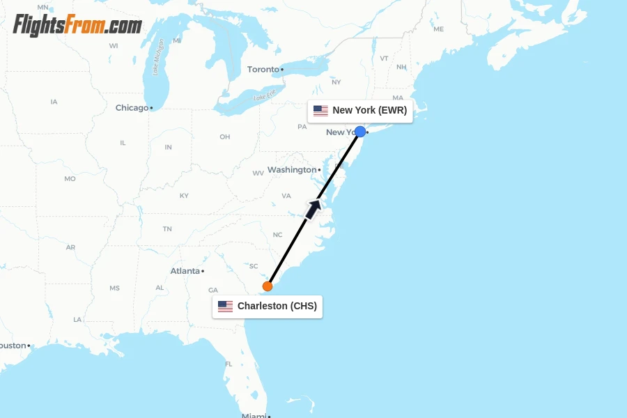 Flights from Charleston to New York route map
